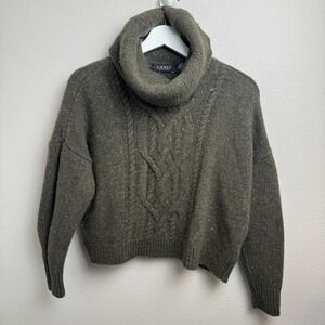 Lauren Ralph Lauren Aron Cable Knit Turtleneck Wool Blend Sweater Olive Green M